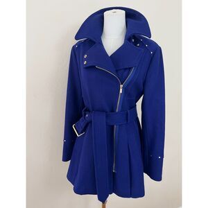 Y2K Kenneth Cole Cobalt Blue Asymmetrical Zip Studded Wool Blend Pea Coat Size 6